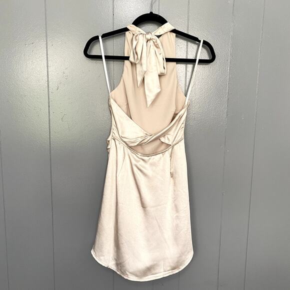 NEW Hello Molly Oyster Cream Heavy Heart Halter Satin Open Back Mini Dress S - Picture 6 of 10